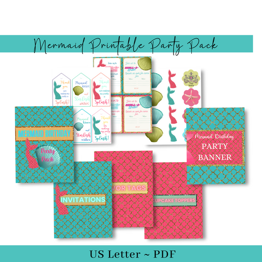 Mermaid Printable Party Pack- US Letter- PDF