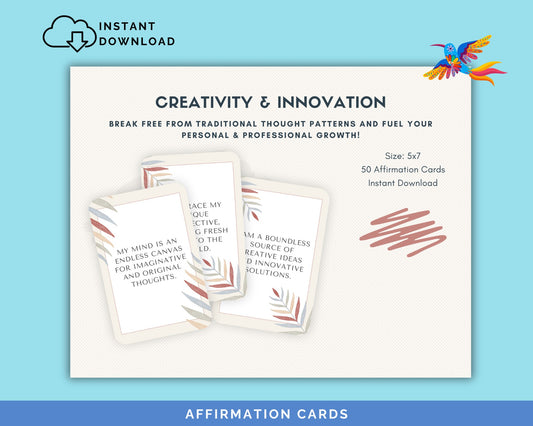 Creativity & Innovation Affirmation Cards for Adults -, 50-Card Pack,‬ Printable 5x7, Instant Download PDF & JPG - Fiesta By JoJo Journals