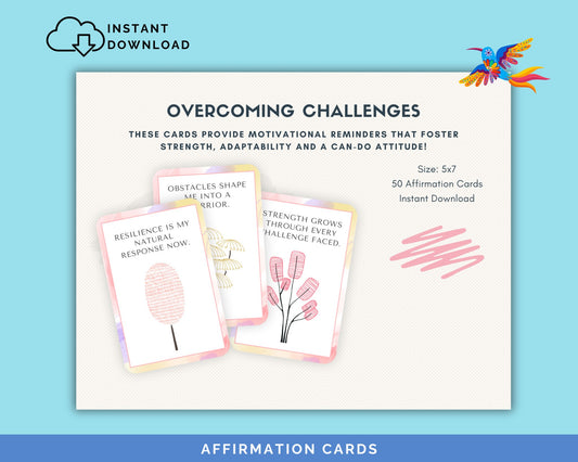 Empowerment Affirmation Cards for Adults - Overcome Challenges, 50-Card Pack,‬ Printable 5x7, Instant Download PDF & JPG - Fiesta By JoJo Journals
