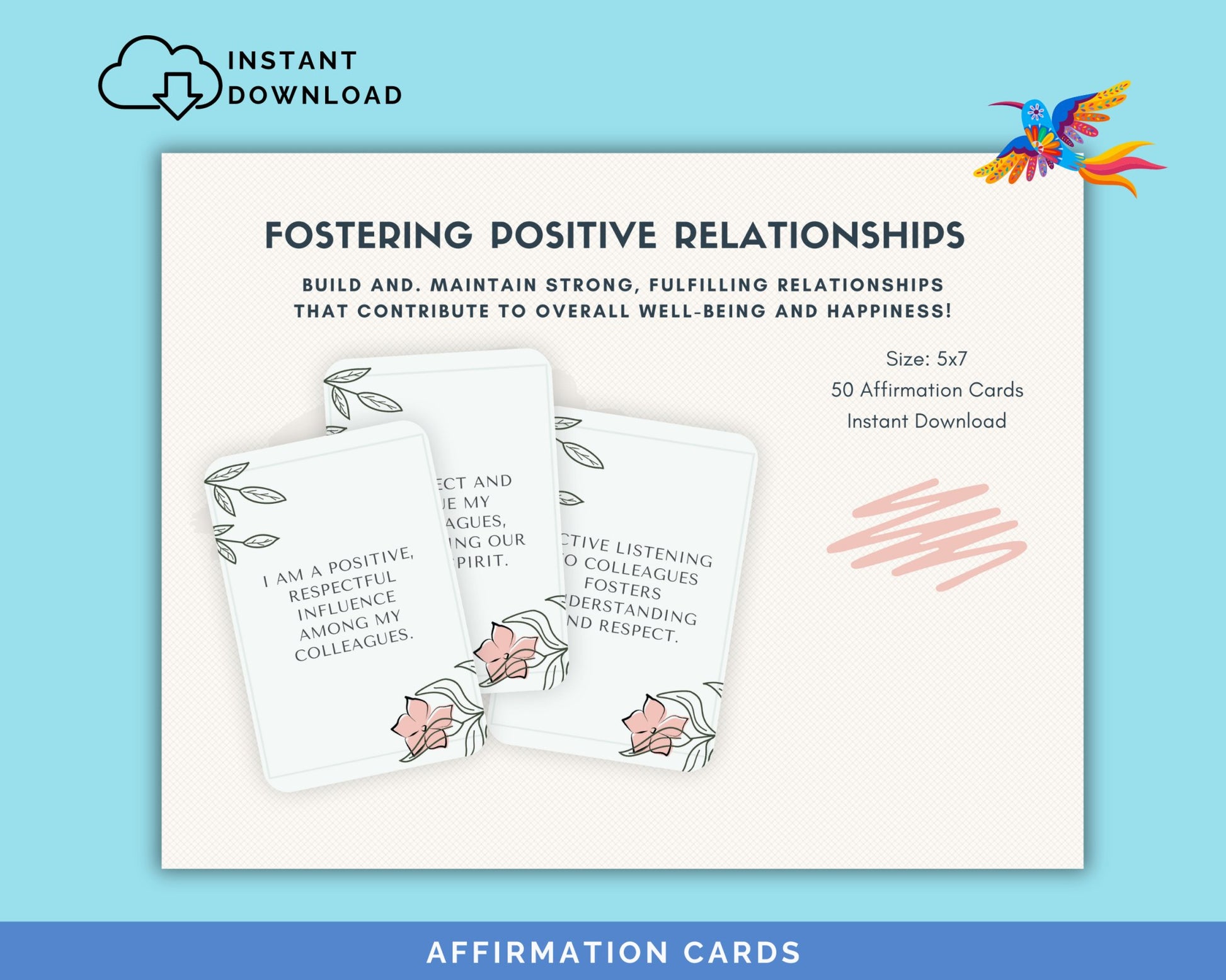 Fostering Postive Relationships Affirmation Cards for Adults -, 50-Card Pack,‬ Printable 5x7, Instant Download PDF & JPG - Fiesta By JoJo Journals