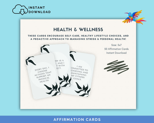 Health and Wellness Affirmation Cards for Adults -, 50-Card Pack,‬ Printable 5x7, Instant Download PDF & JPG - Fiesta By JoJo Journals