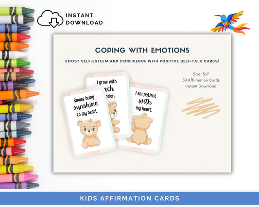 Kids' Coping with Emotions Affirmation Cards - 50-Card Pack, Printable 5x7, Instant Download PDF & JPG - Fiesta By JoJo Journals