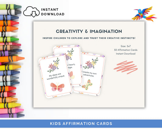 Kids' Creativity & Imagination Affirmation Cards - 50-Card Pack, Printable 5x7, Instant Download PDF & JPG - Fiesta By JoJo Journals