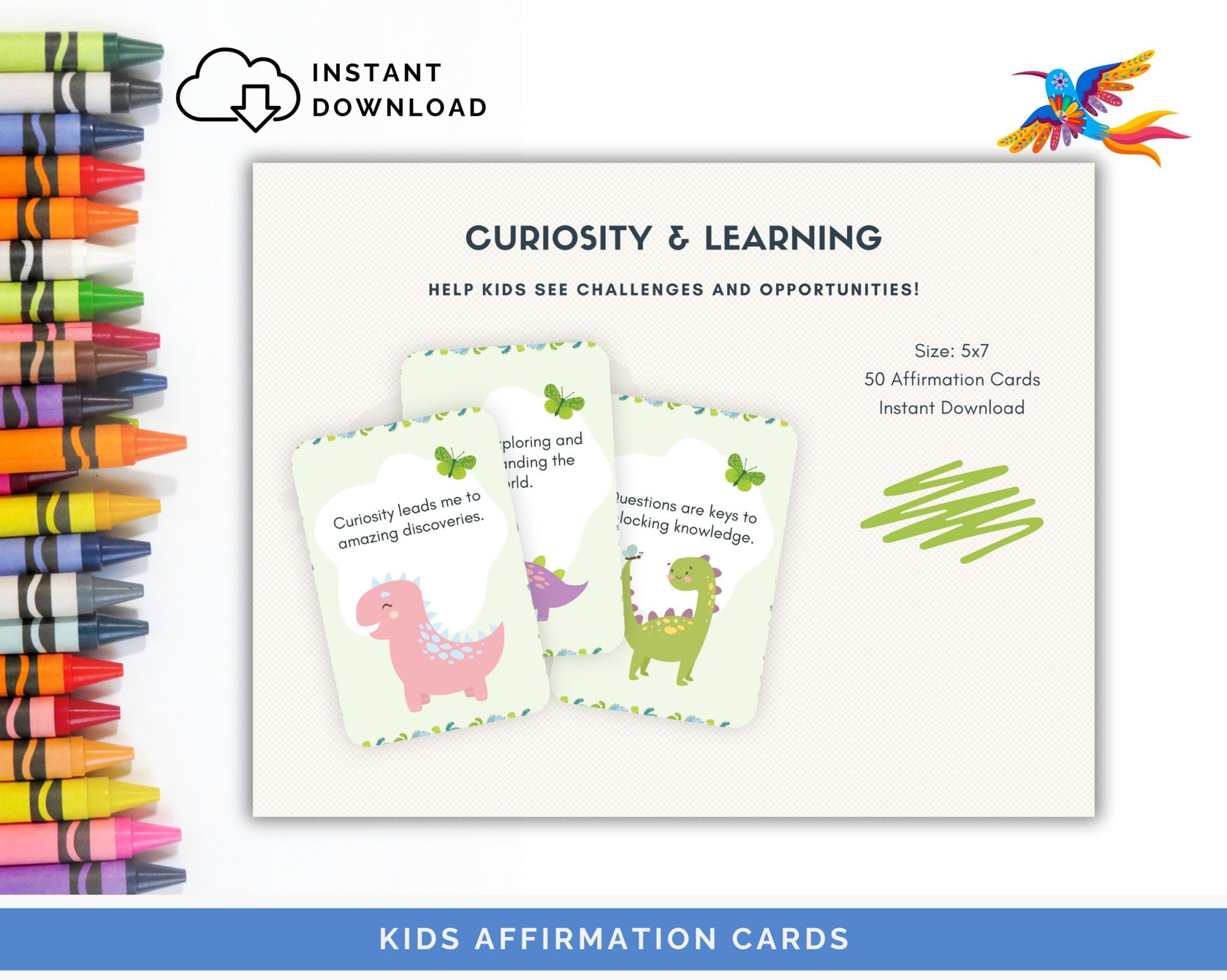 Kids' Curiosity & Learning Affirmation Cards - 50-Card Pack, Printable 5x7, Instant Download PDF & JPG - Fiesta By JoJo Journals