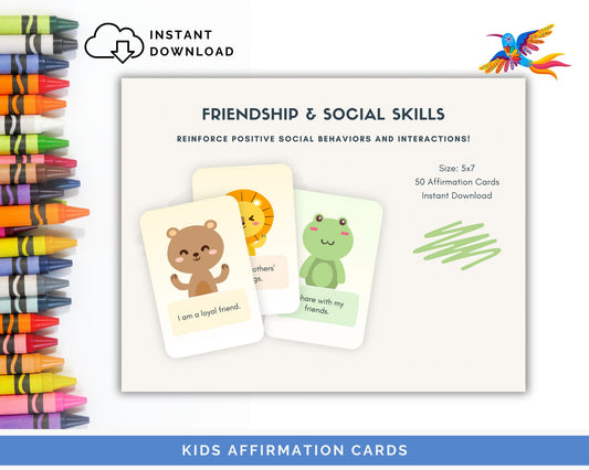 Kids' Friendship & Social Skills Affirmation Cards - 50-Card Pack, Printable 5x7, Instant Download PDF & JPG - Fiesta By JoJo Journals