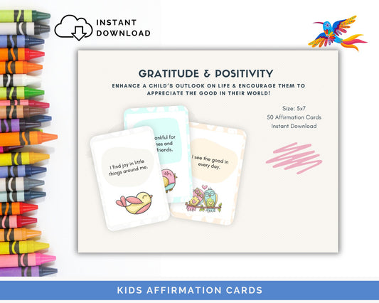 Kids' Gratitude & Postivity Affirmation Cards - 50-Card Pack, Printable 5x7, Instant Download PDF & JPG - Fiesta By JoJo Journals
