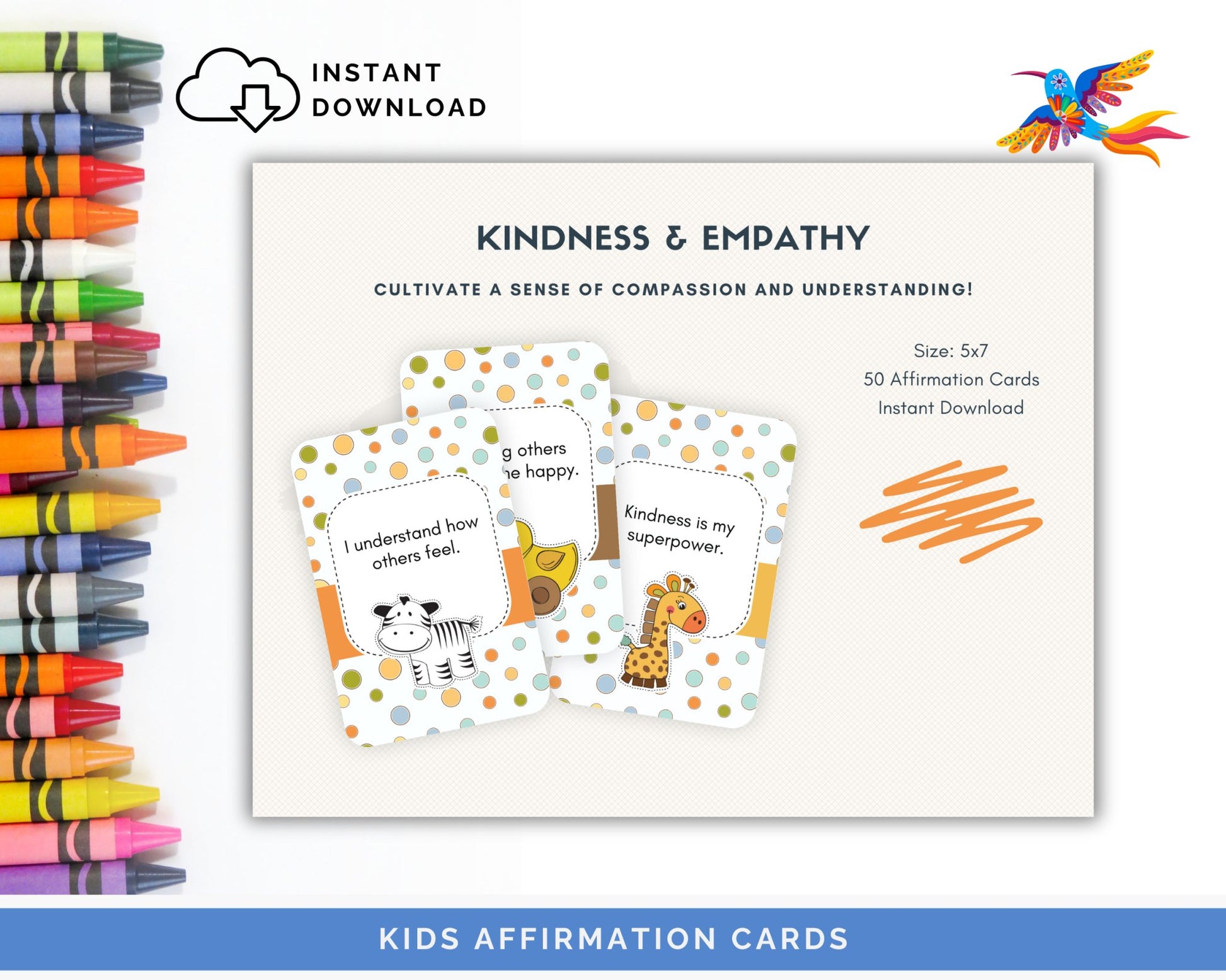 Kids' Kindness & Empathy Affirmation Cards - 50-Card Pack, Printable 5x7, Instant Download PDF & JPG - Fiesta By JoJo Journals