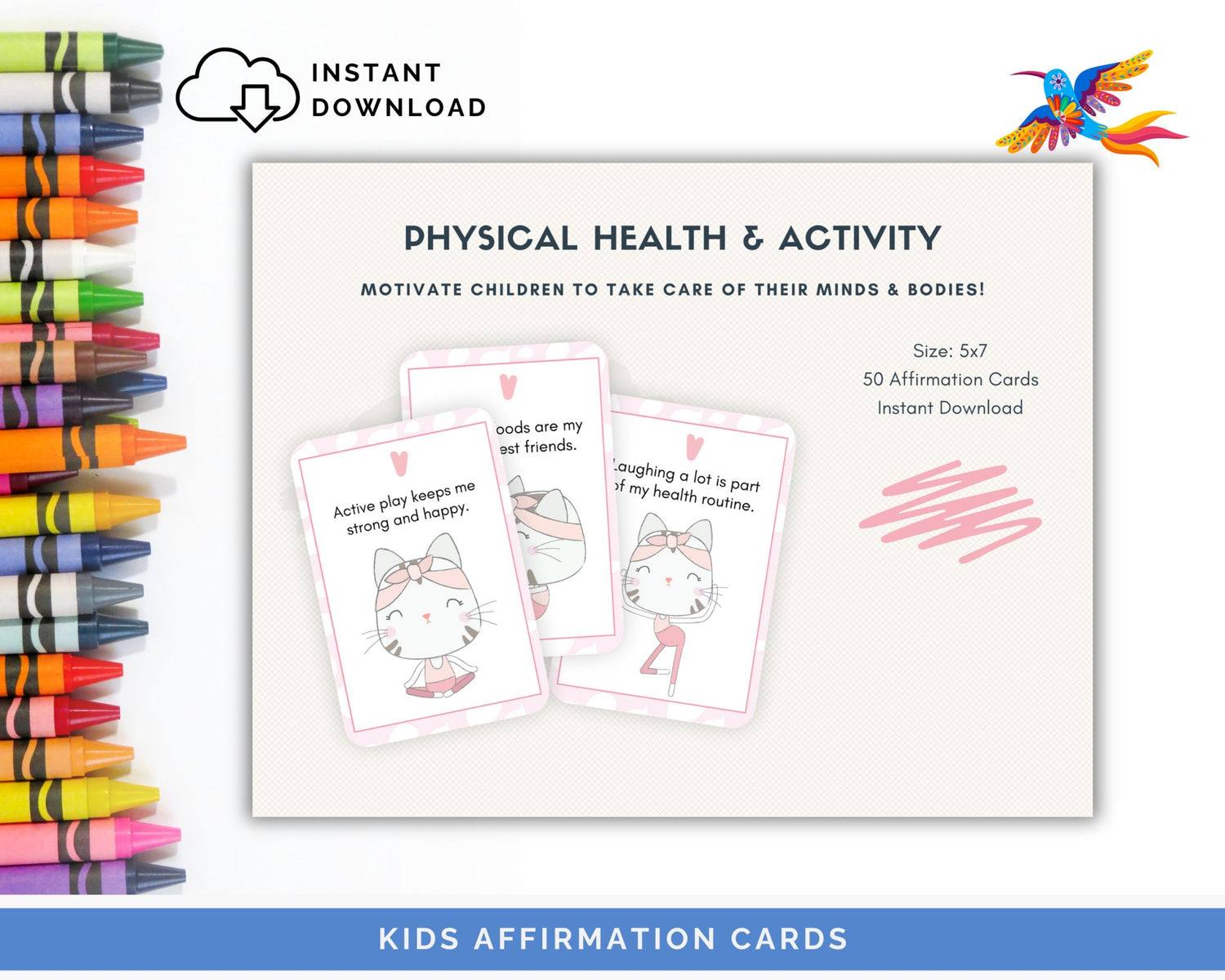 Kids' Physical Health & Activity Affirmation Cards - 50-Card Pack, Printable 5x7, Instant Download PDF & JPG - Fiesta By JoJo Journals