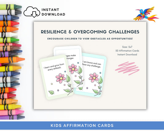 Kids' Resilience & Overcoming Challenges Affirmation Cards - 50-Card Pack, Printable 5x7, Instant Download PDF & JPG - Fiesta By JoJo Journals
