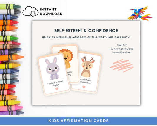 Kids' Self-Esteem & Confidence Affirmation Cards - 50-Card Pack, Printable 5x7, Instant Download PDF & JPG - Fiesta By JoJo Journals