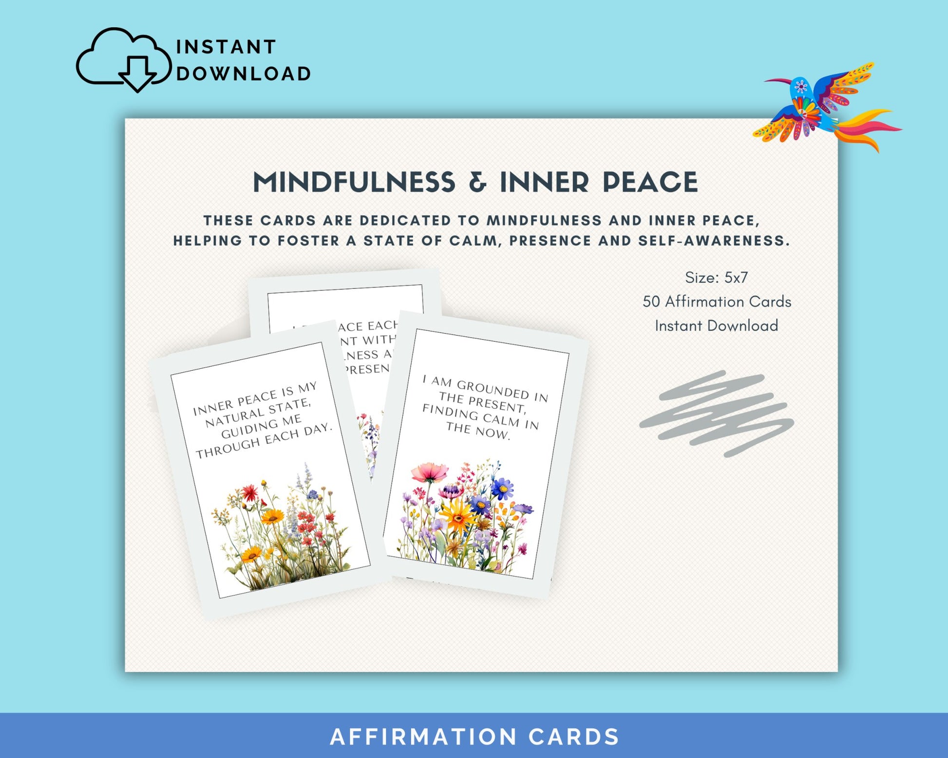 Mindfulness and Inner Peace Affirmation Cards for Adults -, 50-Card Pack,‬ Printable 5x7, Instant Download PDF & JPG - Fiesta By JoJo Journals
