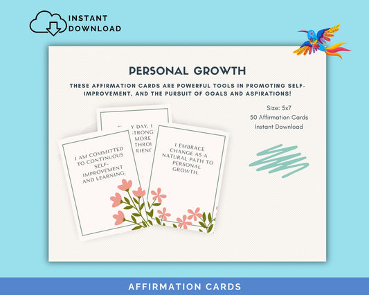 Personal Growth Affirmation Cards for Adults -, 50-Card Pack,‬ Printable 5x7, Instant Download PDF & JPG - Fiesta By JoJo Journals