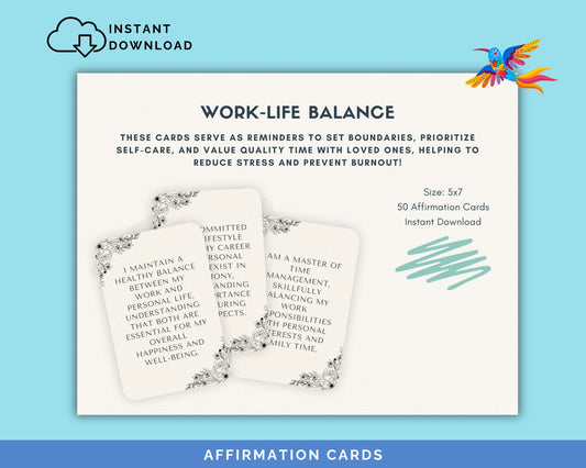 Work-Life Balance Affirmation Cards for Adults -, 50-Card Pack,‬ Printable 5x7, Instant Download PDF & JPG - Fiesta By JoJo Journals