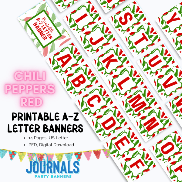 Bundle: Printable Party Banner A-Z : Chili Peppers Red & Yellow Chili Peppers - Fiesta By JoJo Journals