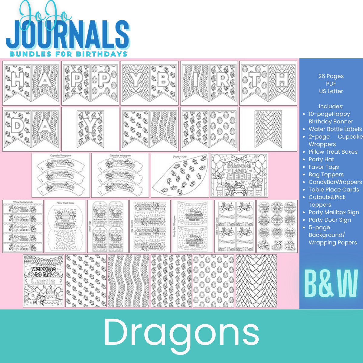 Bundles for Birthdays- Black & White- DRAGONS - Fiesta By JoJo Journals