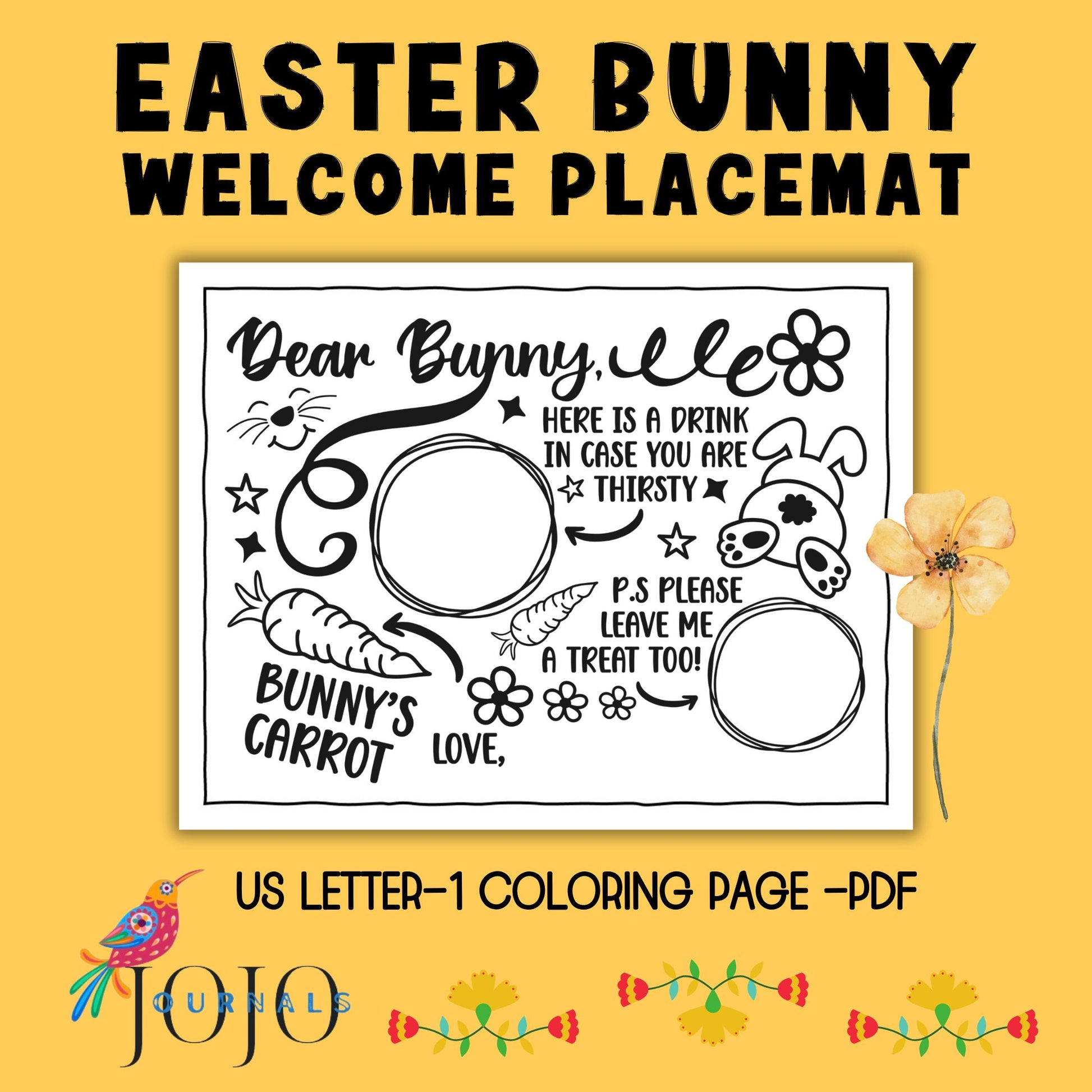 Dear Bunny- Coloring Page Placemats-Printable US Letter, Instant Download PDF - Fiesta By JoJo Journals