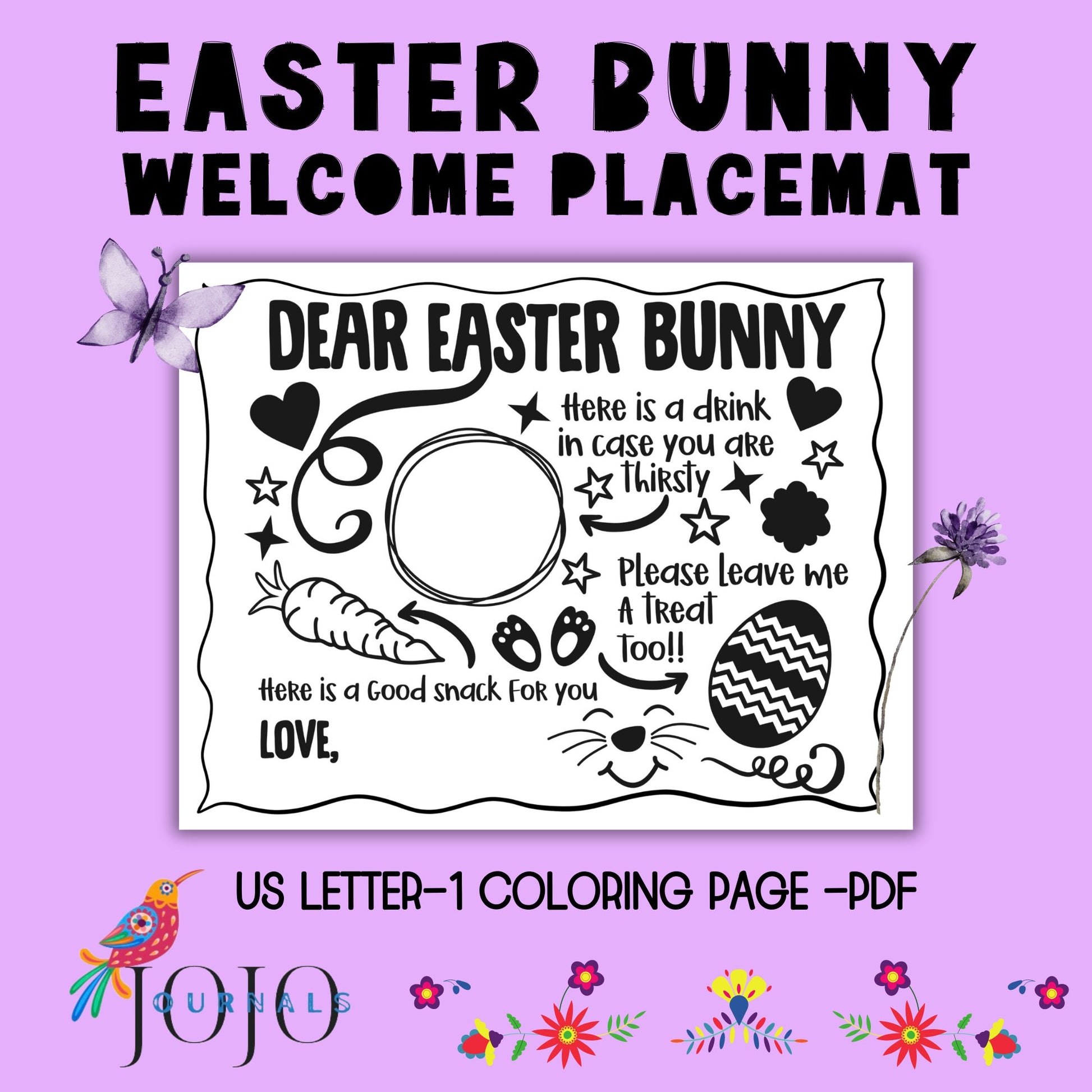 Easter Bunny- Coloring Page Placemats-Printable US Letter, Instant Download PDF - Fiesta By JoJo Journals