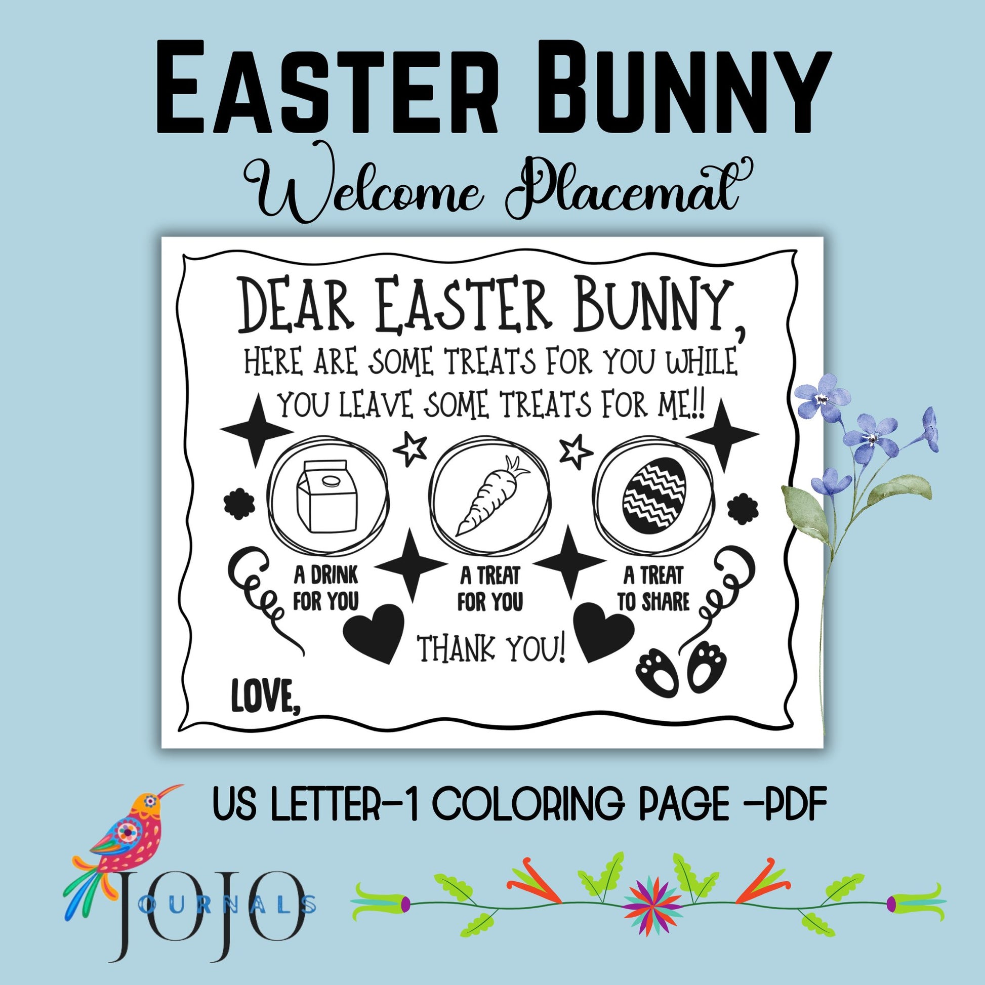 Easter Treats for You and Me- Coloring Page Placemats-Printable US Letter, Instant Download PDF - Fiesta By JoJo Journals