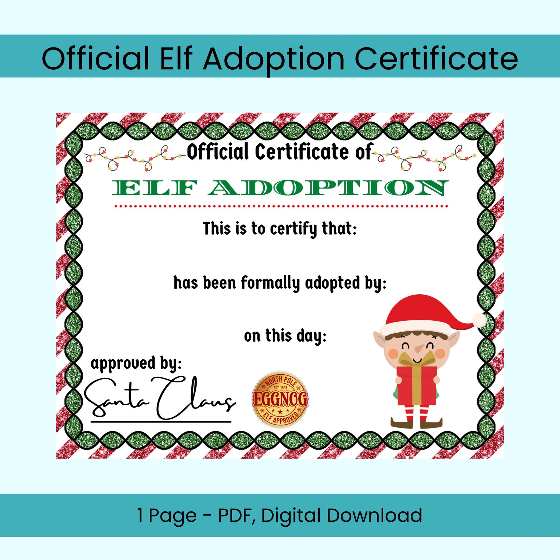 Official Elf Adoption Certificate- Red & Green Glitter- US Letter - Fiesta By JoJo Journals