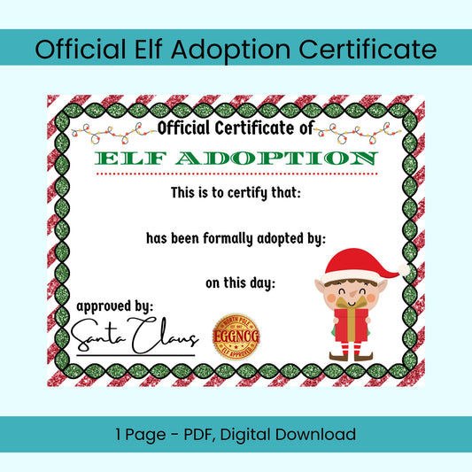 Official Elf Adoption Certificate- Red & Green Glitter- US Letter - Fiesta By JoJo Journals