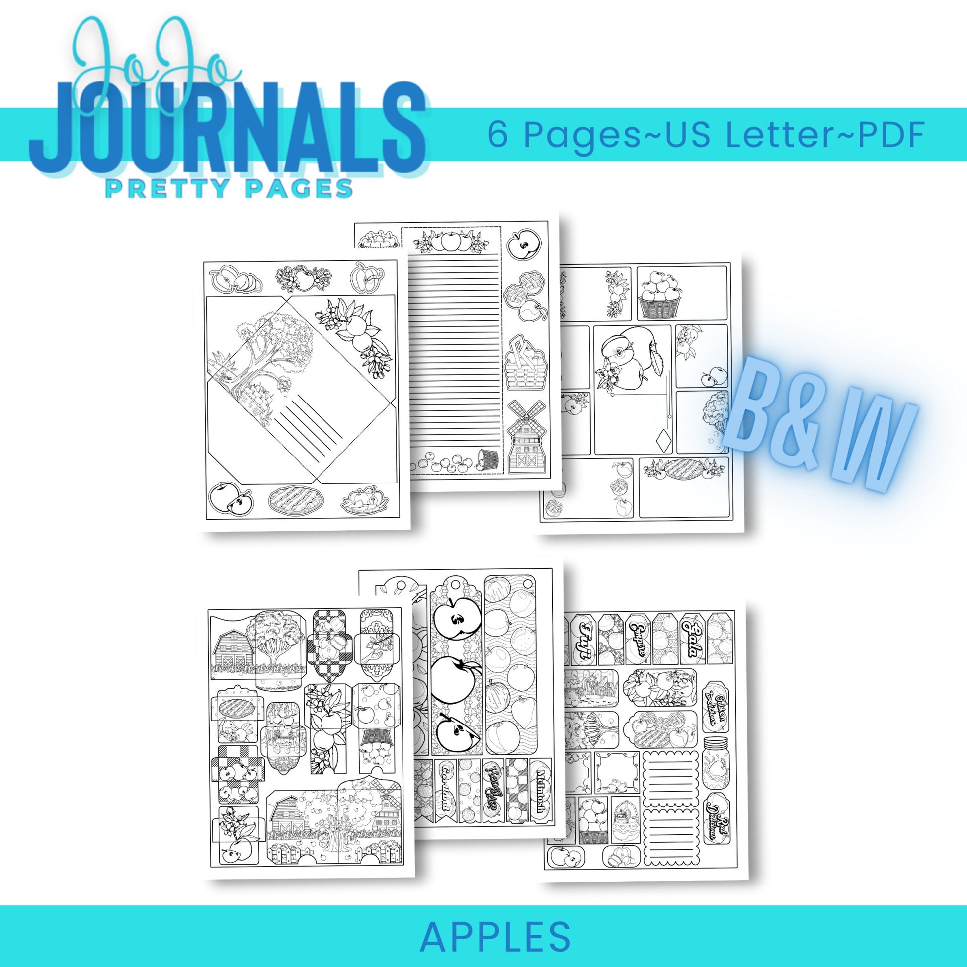 Pretty Pages- Black & White- Apples - Fiesta By JoJo Journals