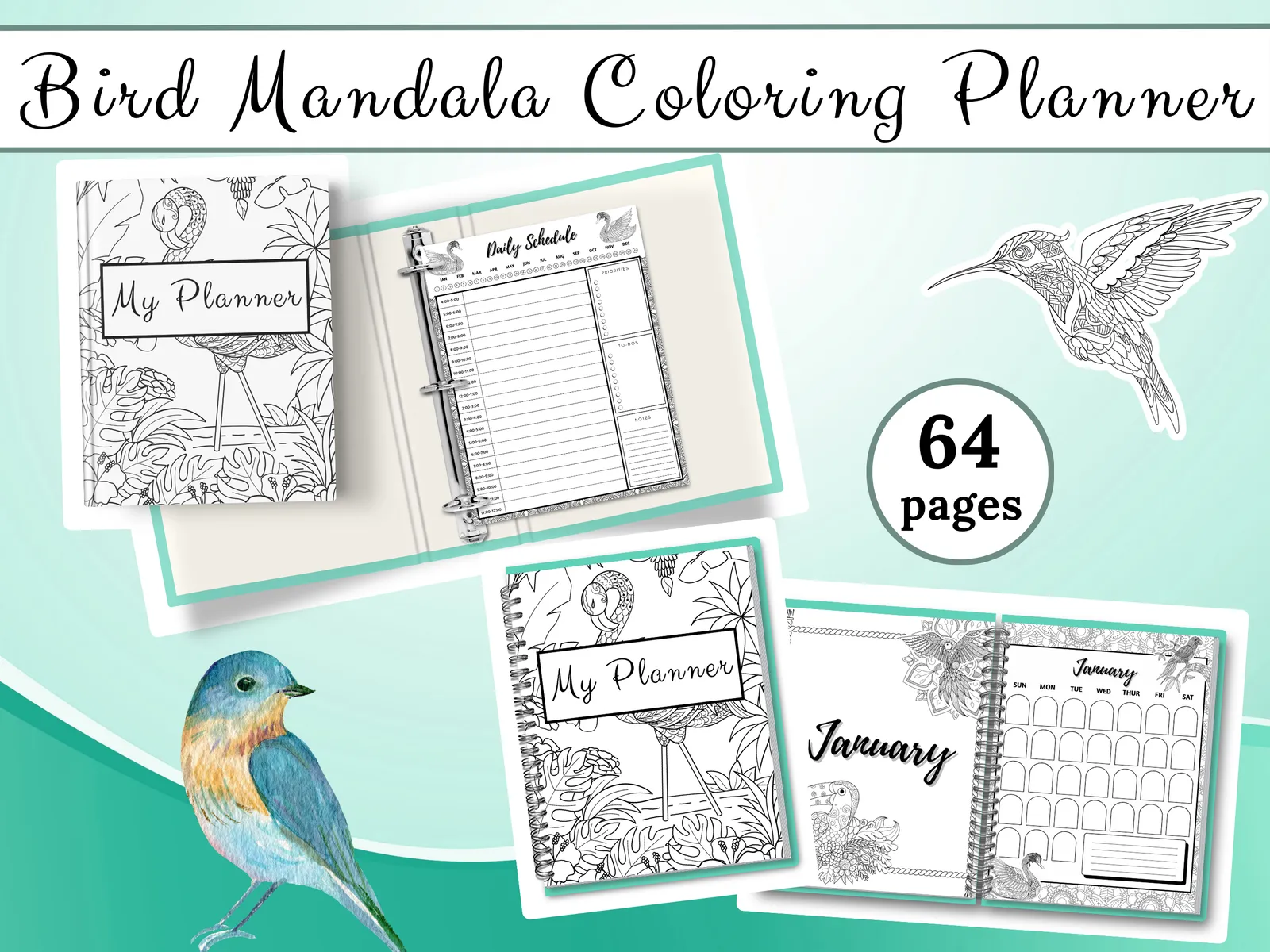 Bird Mandala Coloring Planner – 64 Page Printable Planner
