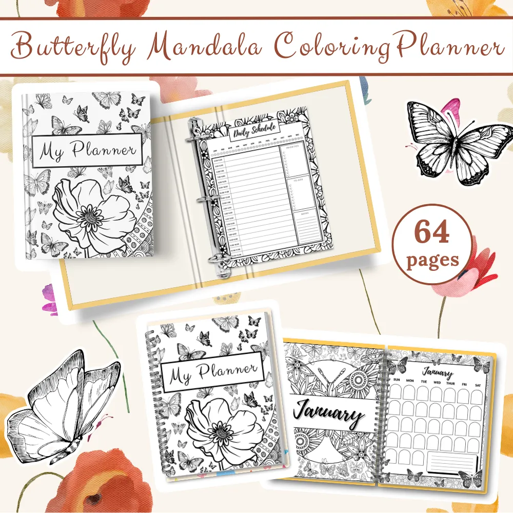 Butterfly Mandala Coloring Planner – 64 Page Printable Planner