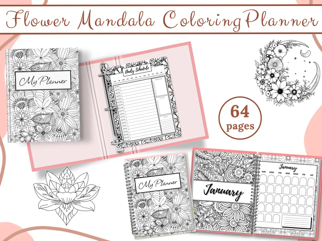 Flower Mandala Coloring Planner – 64 Page Printable Planner