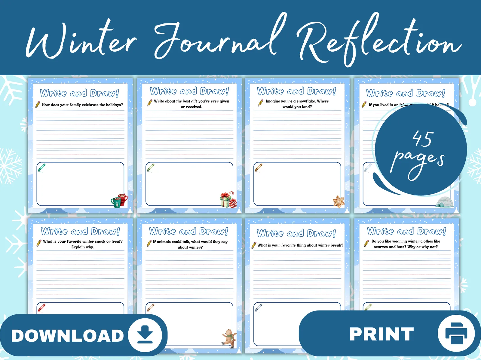 Winter Journal Reflection for Kids – Write & Draw Winter Prompts (45 Pages)