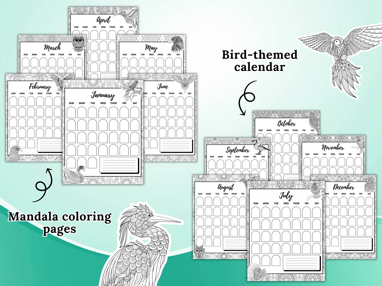 Bird Mandala Coloring Planner – 64 Page Printable Planner - Image 2