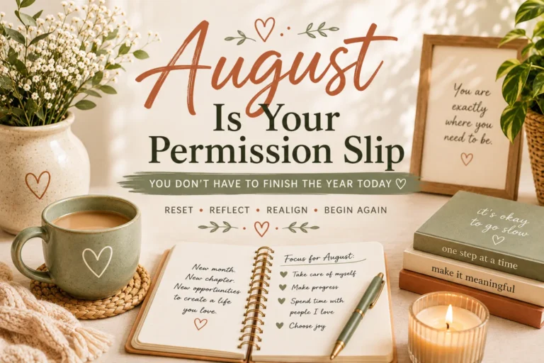 “August Is Your Permission Slip” blog graphic: an open journal with a pen, a heart mug of coffee and a lit candle on a cozy desk