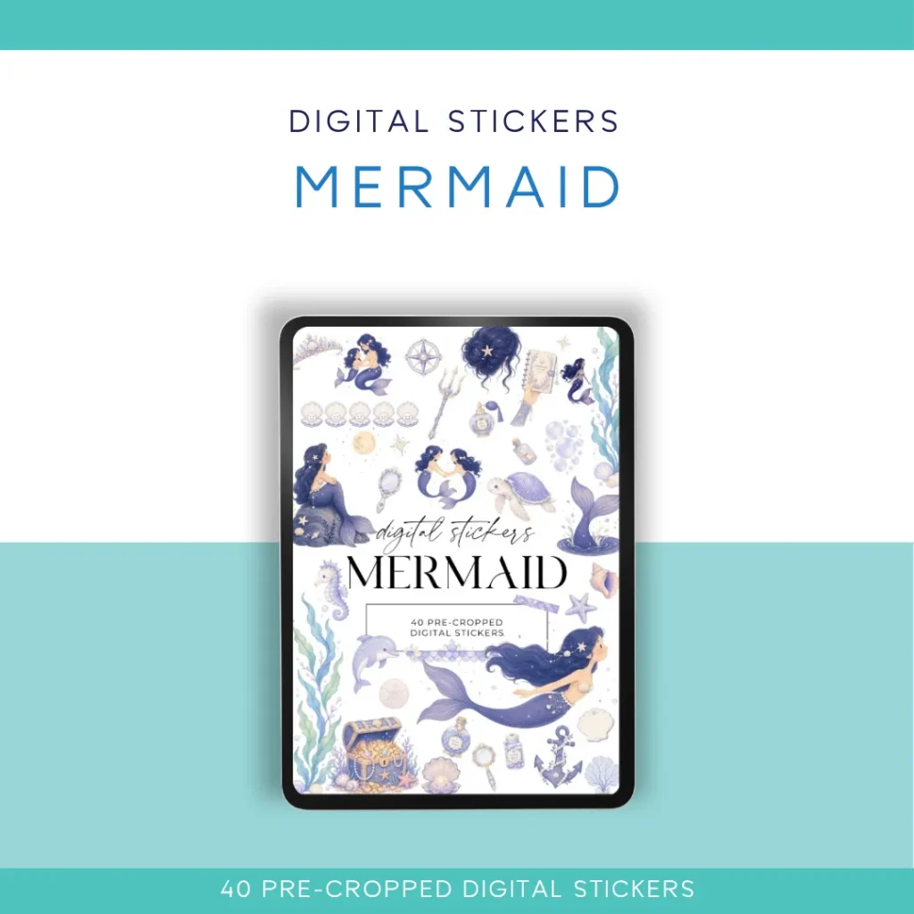 Mermaid Digital Sticker Pack – 40 Pre-Cropped Stickers for Digital Planners & Journals ✨🌊