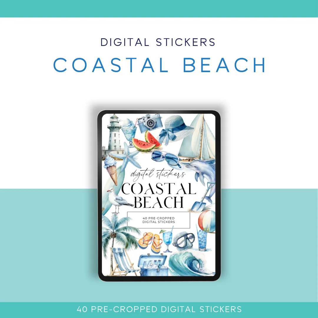 ☀️🌴 Coastal Beach Digital Sticker Pack – 40 Pre-Cropped Stickers for Digital Planners & Journals 🌴☀️