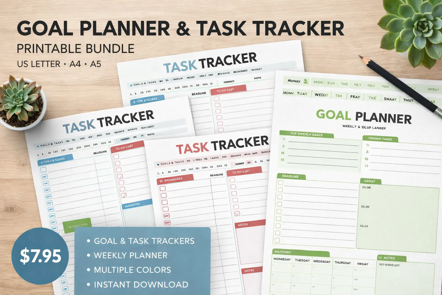 Goal Planner & Task Tracker Printable Bundle