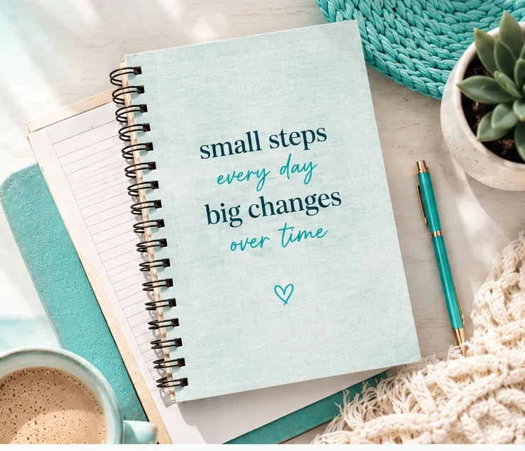 A teal spiral journal reading “small steps every day, big changes over time” beside a coffee on a sunny beach table