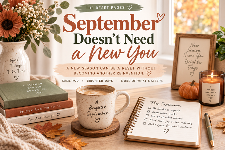 “September Doesn’t Need a New You” blog graphic: an open journal, a mug reading “A brighter September” and autumn flowers on a sunny desk